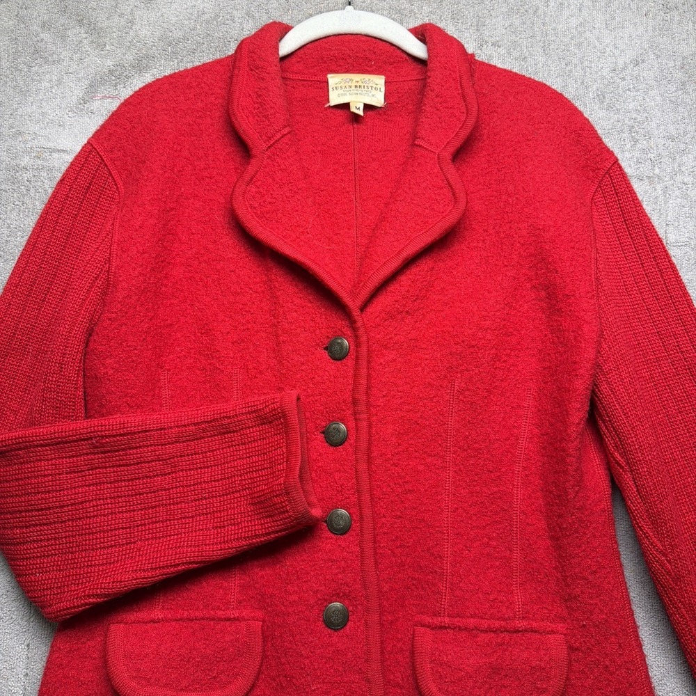 Susan Bristol Vintage Boiled Wool Sweater Jacket Button Front Women's Medium Red